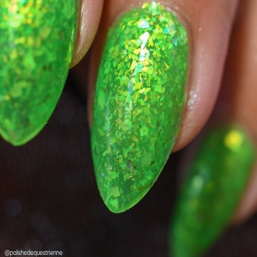 Hopkinsville Goblin nail polish by Twinkle Hex Polish – bold handmade indie nail polish with flakes shimmer