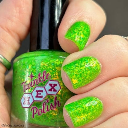 Hopkinsville Goblin nail polish by Twinkle Hex Polish – bold handmade indie nail polish with flakes shimmer