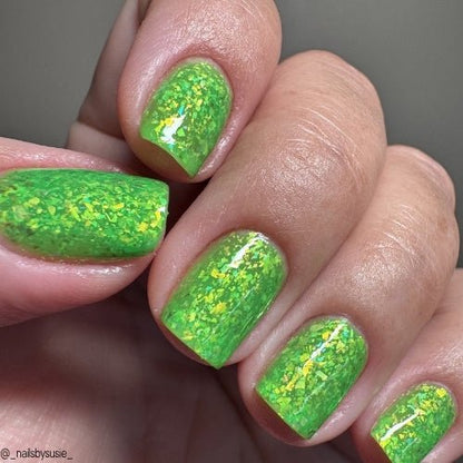 Hopkinsville Goblin nail polish by Twinkle Hex Polish – bold handmade indie nail polish with flakes shimmer