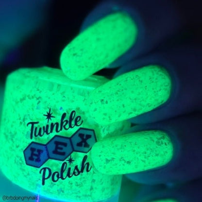 Hopkinsville Goblin nail polish by Twinkle Hex Polish – bold handmade indie nail polish with flakes shimmer