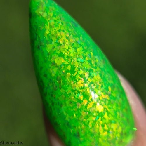 Hopkinsville Goblin nail polish by Twinkle Hex Polish – bold handmade indie nail polish with flakes shimmer