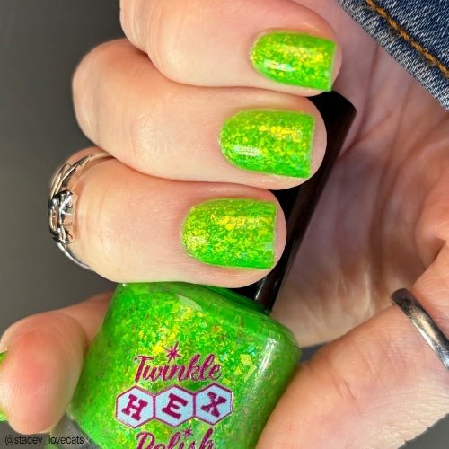 Hopkinsville Goblin nail polish by Twinkle Hex Polish – bold handmade indie nail polish with flakes shimmer