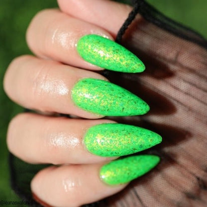 Hopkinsville Goblin nail polish by Twinkle Hex Polish – bold handmade indie nail polish with flakes shimmer