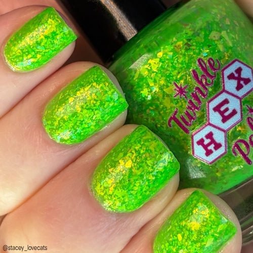 Hopkinsville Goblin nail polish by Twinkle Hex Polish – bold handmade indie nail polish with flakes shimmer