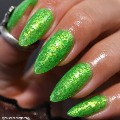 Hopkinsville Goblin nail polish by Twinkle Hex Polish – bold handmade indie nail polish with flakes shimmer