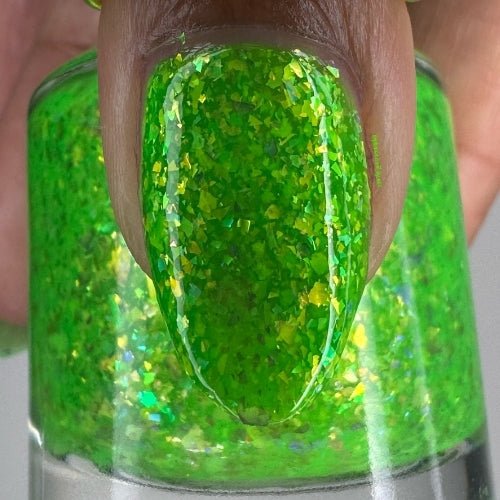 Hopkinsville Goblin nail polish by Twinkle Hex Polish – bold handmade indie nail polish with flakes shimmer