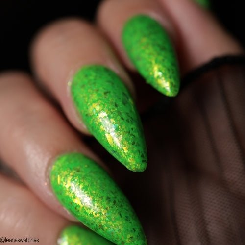 Hopkinsville Goblin nail polish by Twinkle Hex Polish – bold handmade indie nail polish with flakes shimmer
