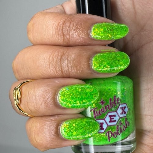 Hopkinsville Goblin nail polish by Twinkle Hex Polish – bold handmade indie nail polish with flakes shimmer