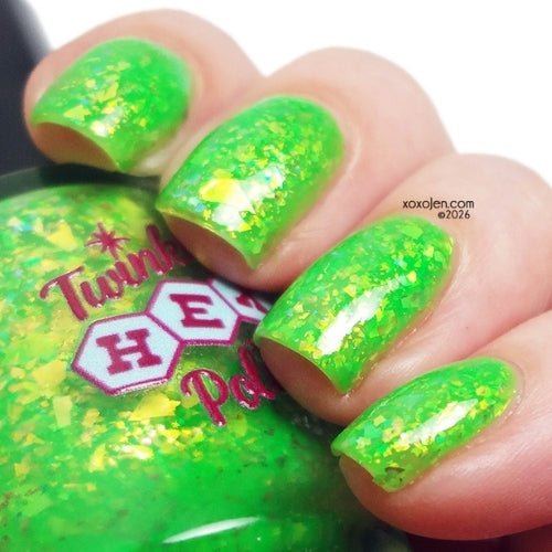 Hopkinsville Goblin nail polish by Twinkle Hex Polish – bold handmade indie nail polish with flakes shimmer
