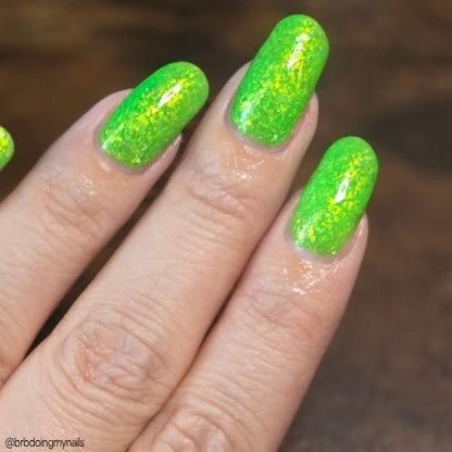 Hopkinsville Goblin nail polish by Twinkle Hex Polish – bold handmade indie nail polish with flakes shimmer