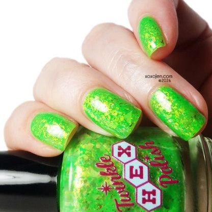 Hopkinsville Goblin nail polish by Twinkle Hex Polish – bold handmade indie nail polish with flakes shimmer