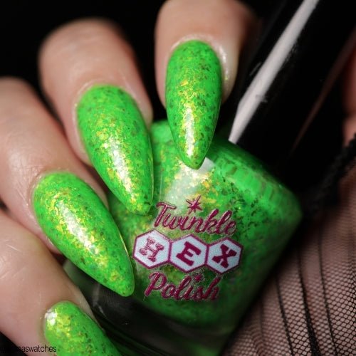 Hopkinsville Goblin nail polish by Twinkle Hex Polish – bold handmade indie nail polish with flakes shimmer
