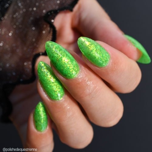 Hopkinsville Goblin nail polish by Twinkle Hex Polish – bold handmade indie nail polish with flakes shimmer