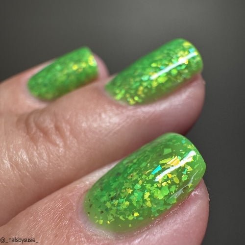 Hopkinsville Goblin nail polish by Twinkle Hex Polish – bold handmade indie nail polish with flakes shimmer