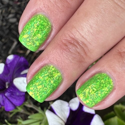 Hopkinsville Goblin nail polish by Twinkle Hex Polish – bold handmade indie nail polish with flakes shimmer