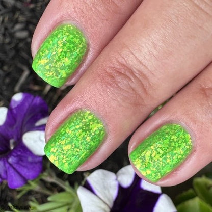 Hopkinsville Goblin nail polish by Twinkle Hex Polish – bold handmade indie nail polish with flakes shimmer