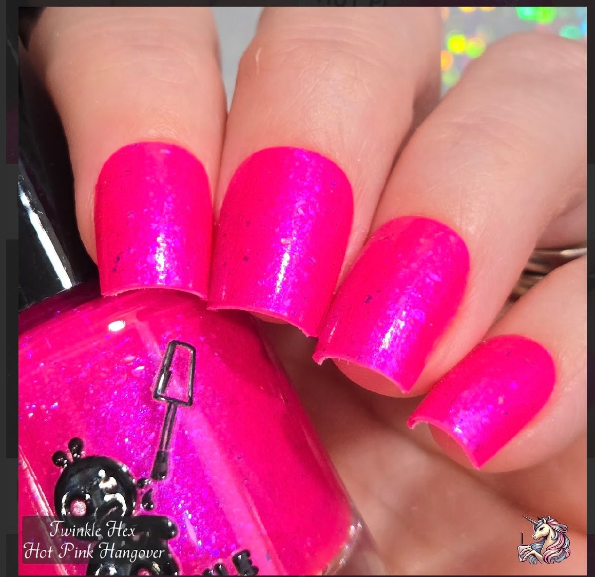 Hot Pink Hangover nail polish by Twinkle & Hex Polish – bold handmade indie nail polish with flakes shimmer