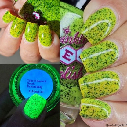 Three nail swatches of Take It Down a Notch, Demon Baby, a dark neon yellow polish with black microglitter and black micro slices, including its bright green appearance under UV light.